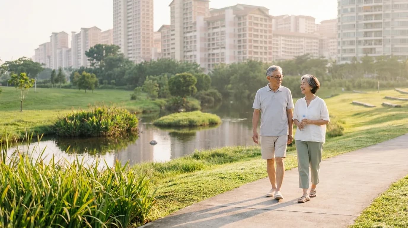 Grandparents on a quiet morning stroll along the river in Bishan-Ang Mo Kio Park