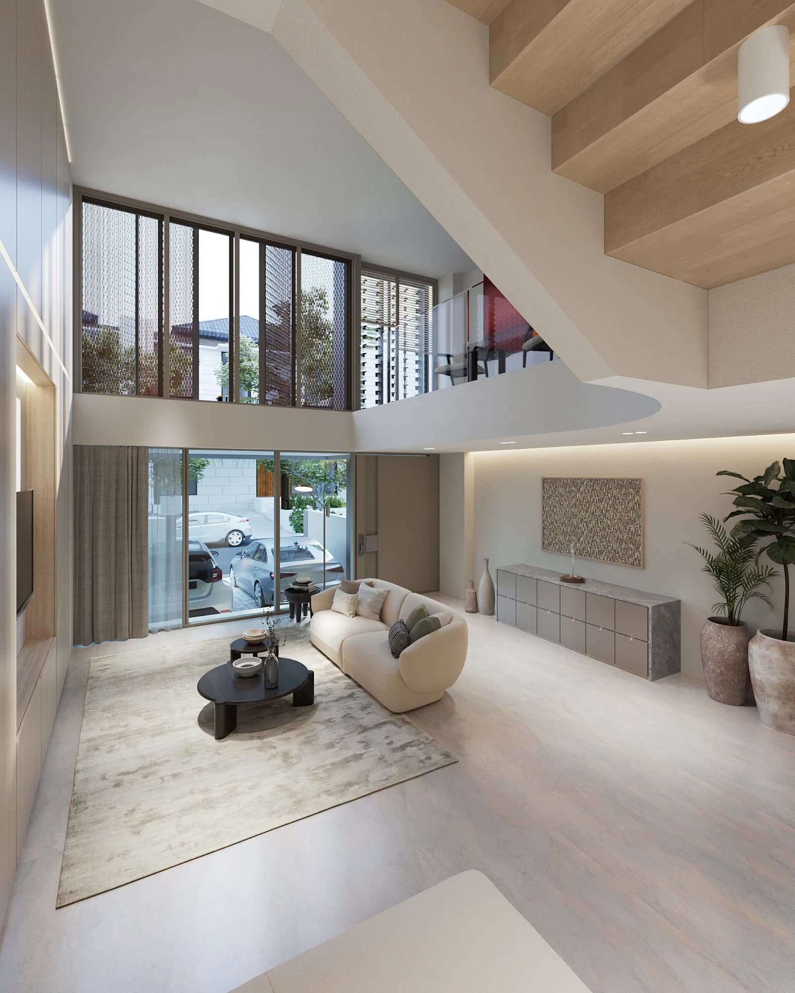 Double-height living pavilion with floating staircase