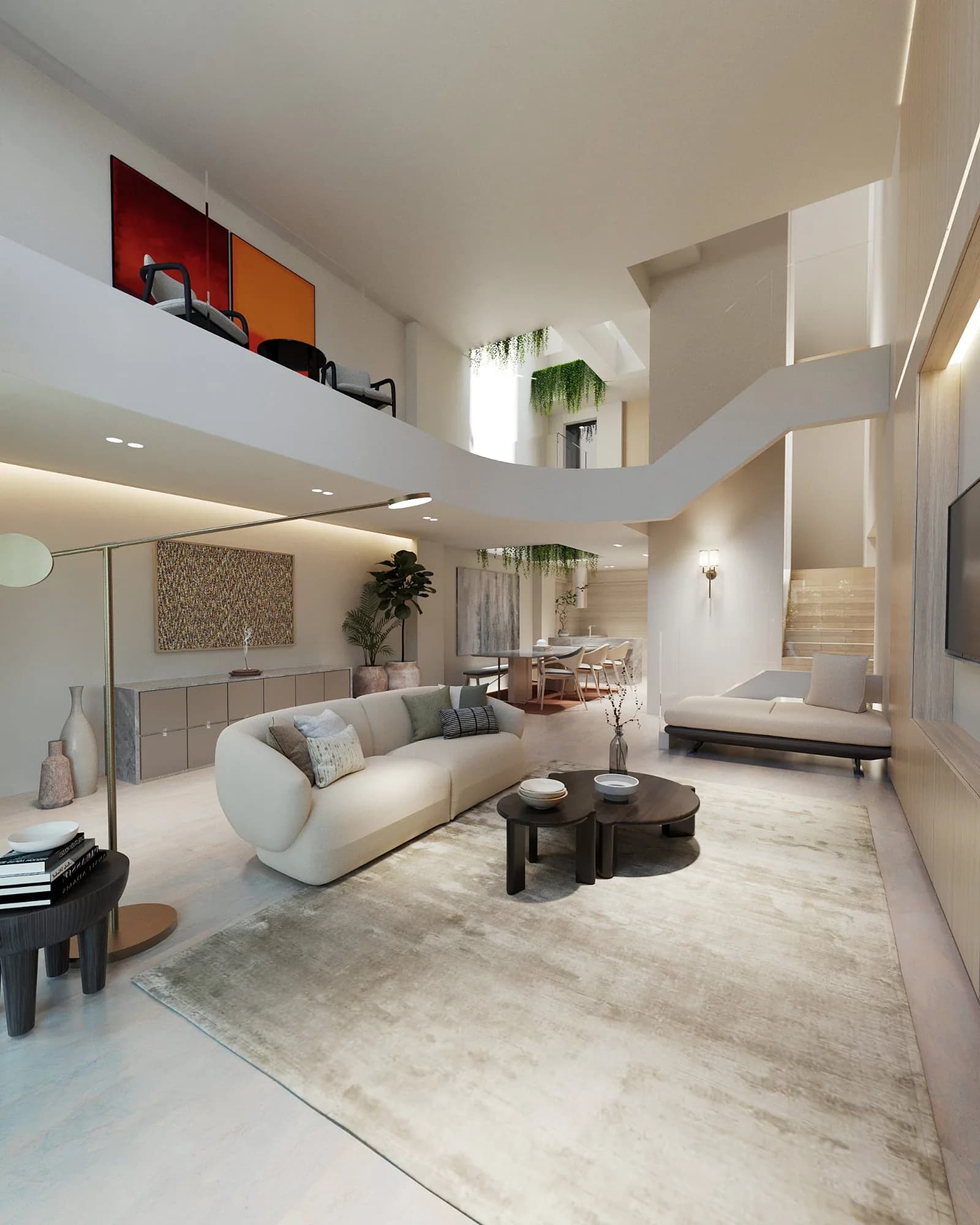 Living room with mezzanine gallery and hanging greenery above