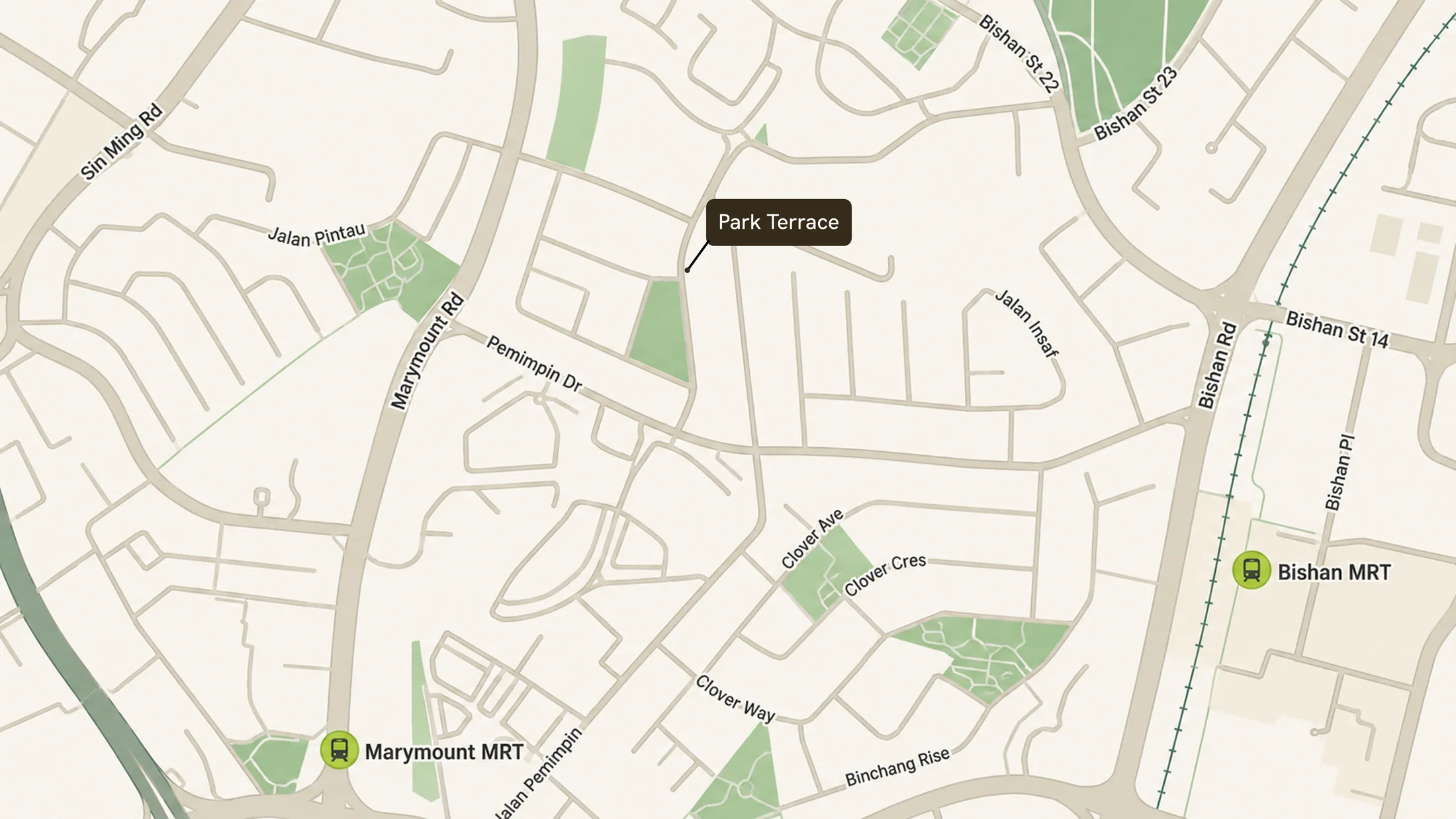 Map of Park Terrace at Pemimpin Drive, between Marymount MRT and Bishan MRT, facing the neighbourhood park