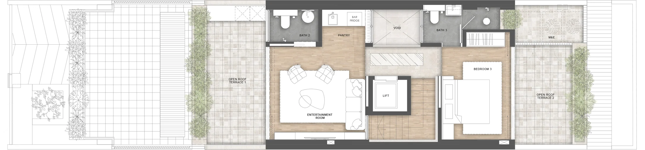 Attic Option A floor plan: entertainment room, pantry and bar, bedroom 3 and twin roof terraces