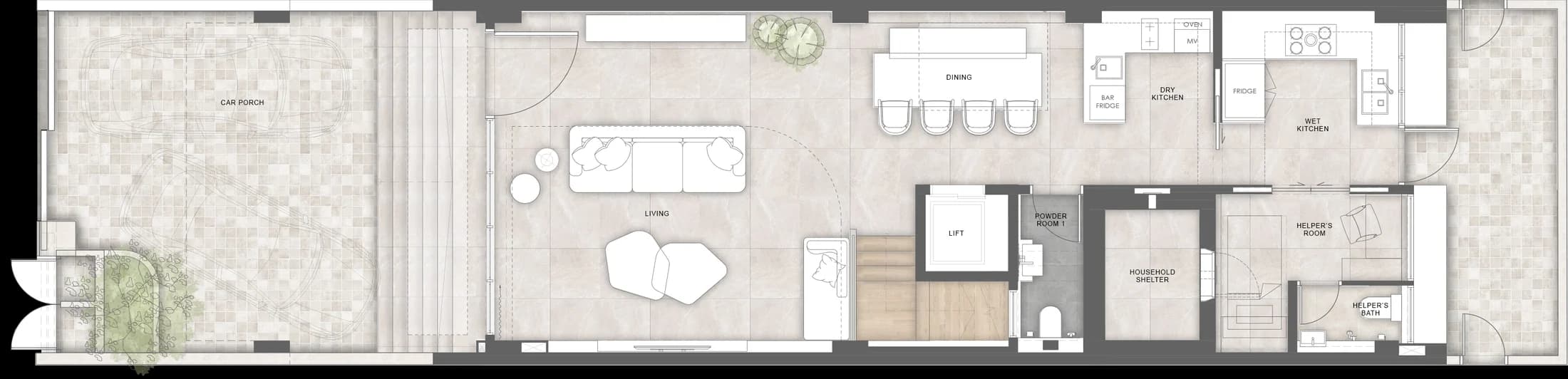 Level 1 floor plan: car porch, living, dining, dry and wet kitchens, powder room, household shelter and helper suite
